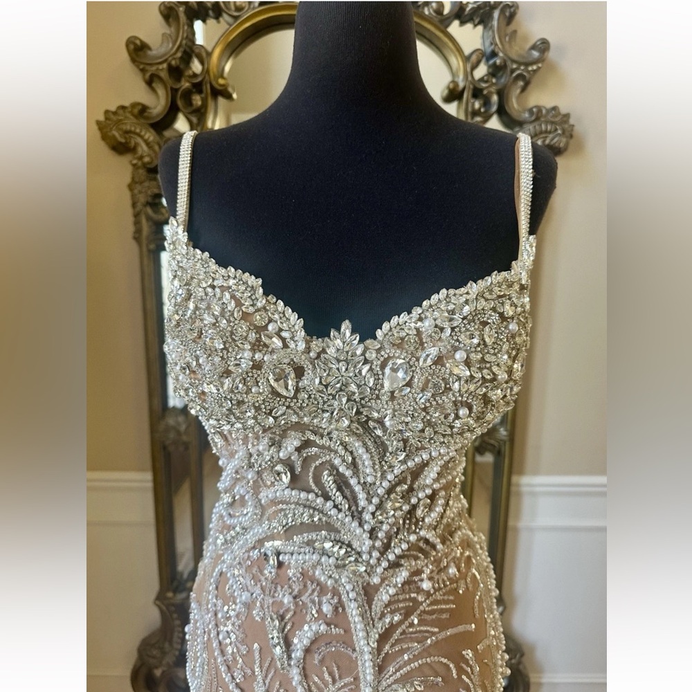Crystal Beaded Engagement Bridal Sweetheart Neckline Custom Gown Beige Size 4 - Picture 7 of 16